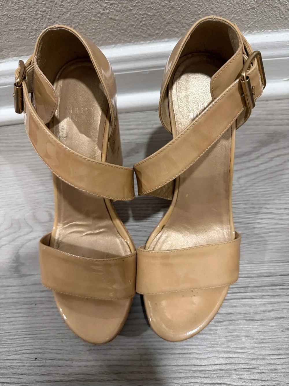 Stuart Weitzman Patent Tan Platform Wedge Sandals - Picture 2 of 8